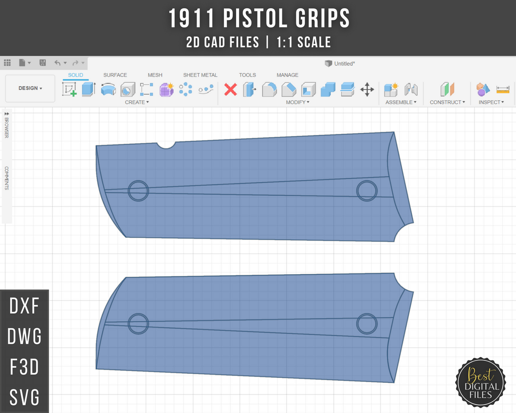 1911 Grips 2D CAD Files | DXF SVG DWG F3D | 1:1 Scale | Instant Download | For CNC Woodworking & 3D Printing