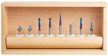 Load image into Gallery viewer, Amana Tool AMS-177-K 8-Pc CNC Router Bit Collection Featuring V-Grooves Point Roundover and Multi-Purpose Spektra Bits 1/4 Shank in Wooden Box
