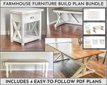 Lade das Bild in den Galerie-Viewer, Farmhouse Furniture Build Plans DIY Bundle - Instant PDF Download - Farmhouse Trestle Table, Chunky Leg Table, Nightstand, and Trestle Desk
