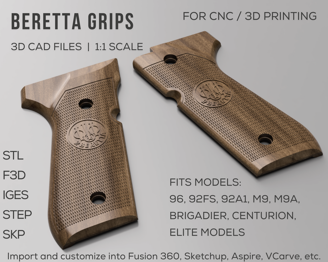 Beretta 92FS / 96 Handgun Grips 3D CAD Files | stl step skp f3d iges | 1:1 Scale | Fits 96/92FS/92A1/M9/M9A1/Brigadier/Centurion/Elite | Instant Download | 3D Printing | CNC Woodworking