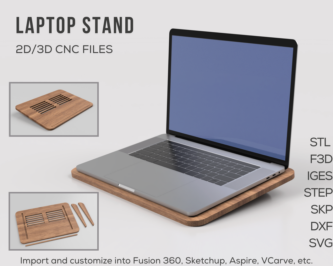 Modern Wood Laptop Stand 3D CNC Files | F3D STL STEP SKP IGES DXF SVG | 1:1 Scale | Instant Download | 3D Printing | CNC Woodworking
