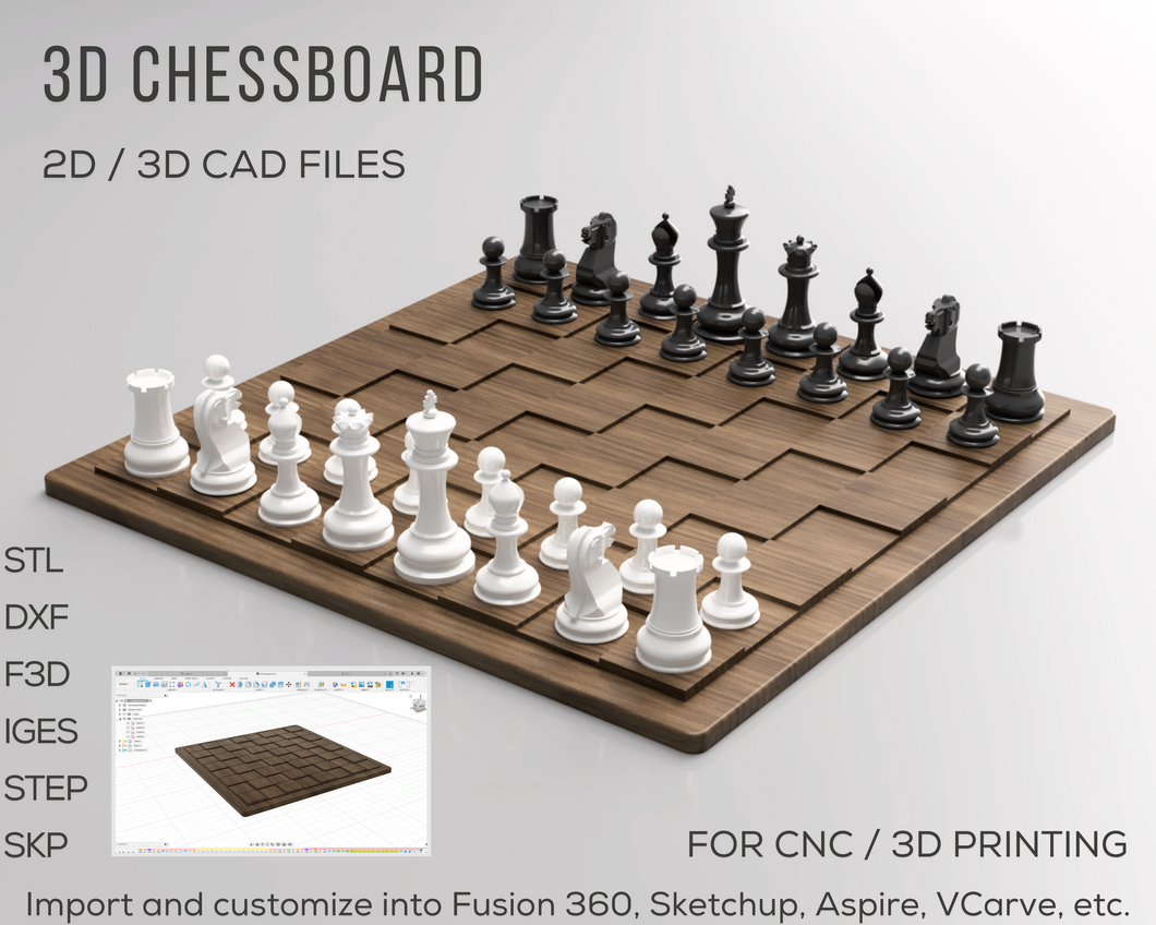 Wood Chessboard 2D & 3D CAD Files | stl f3d iges dxf skp step | 1:1 Scale | Instant Download | CNC / 3D Printing | 3D Model | Woodworking