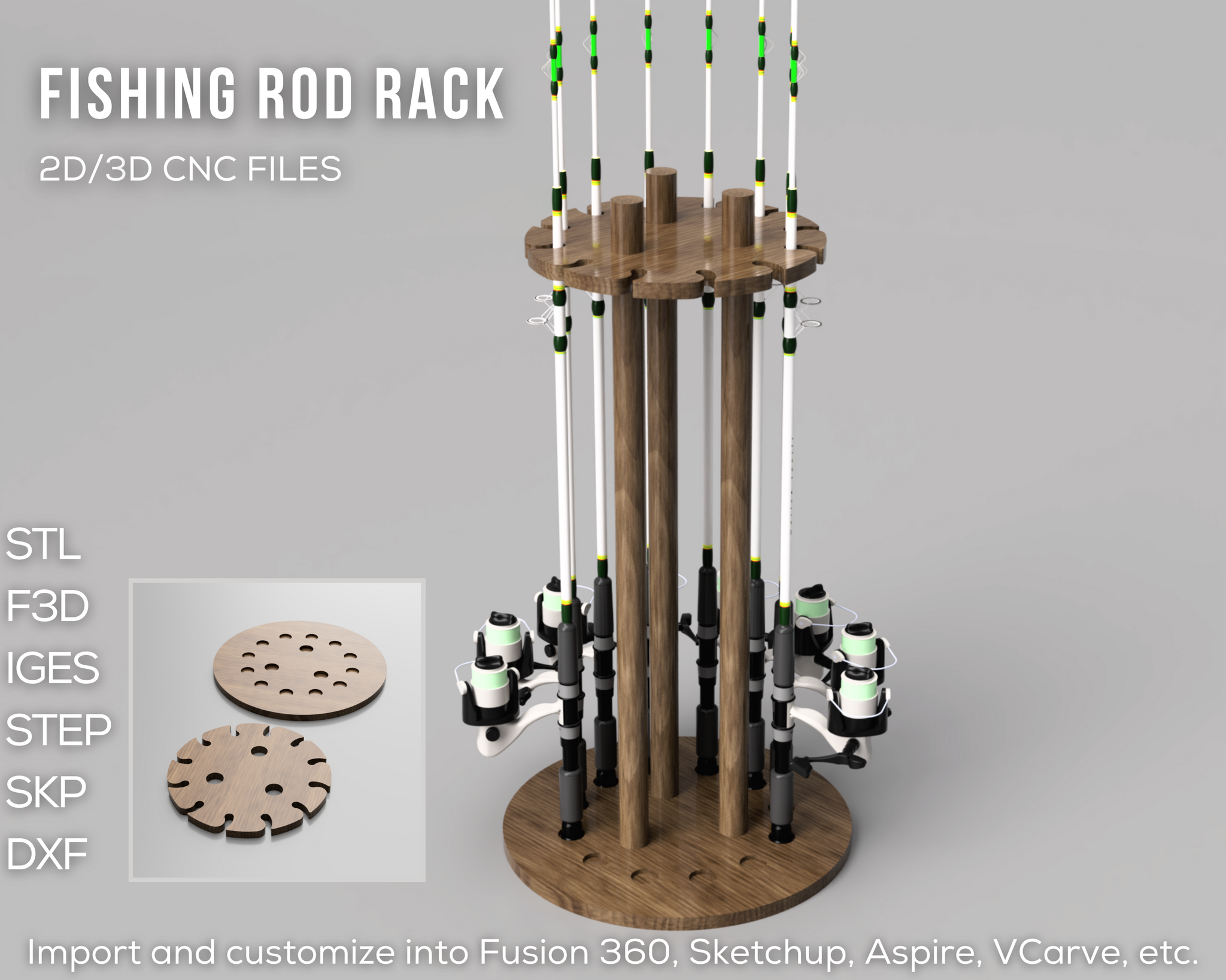 Fishing Rod Rack 2D and 3D CAD Files, STL STEP F3D SKP IGES DXF