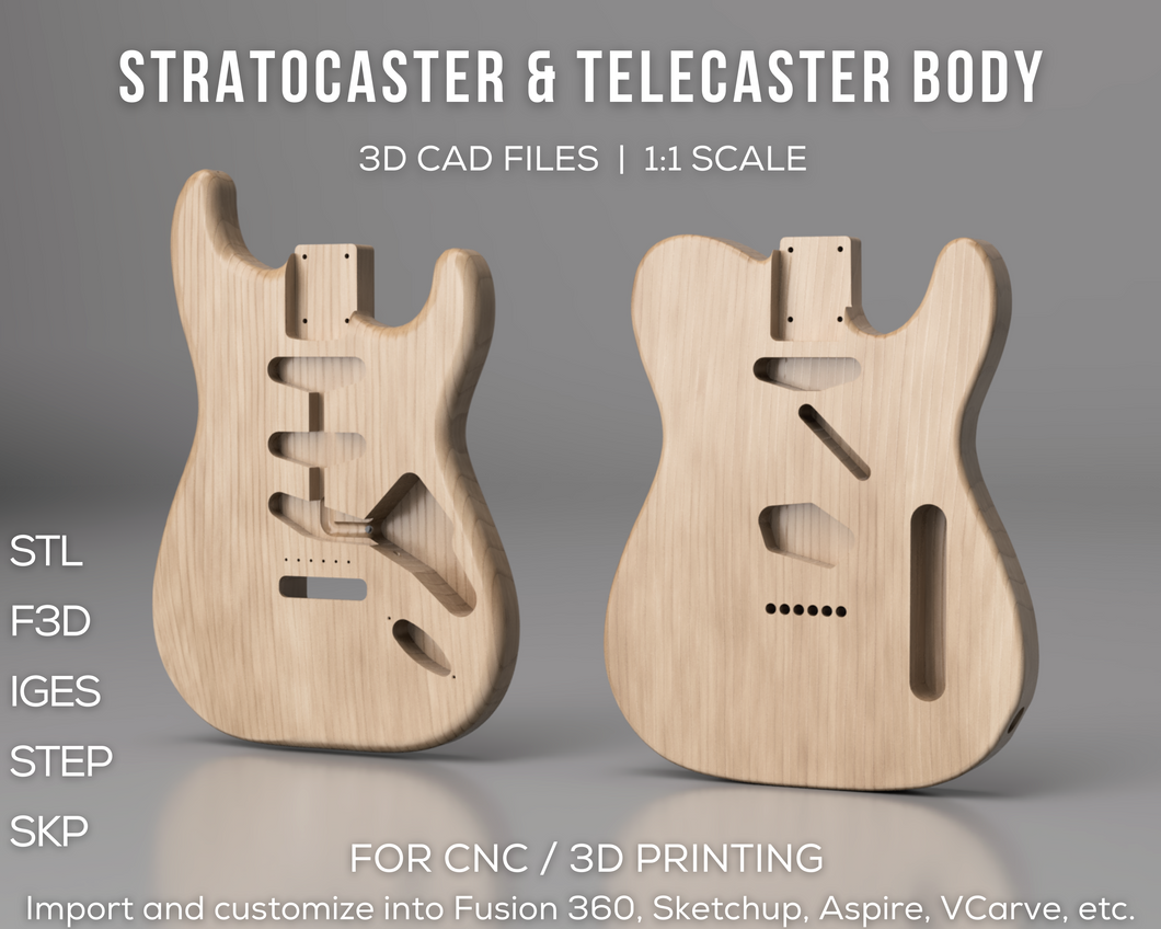 Fender Telecaster and Stratocaster Body 3D CAD Files Bundle | STL STEP SKP F3D IGES | 1:1 Scale | CNC Cut Files | 3D Printing | Guitar Files