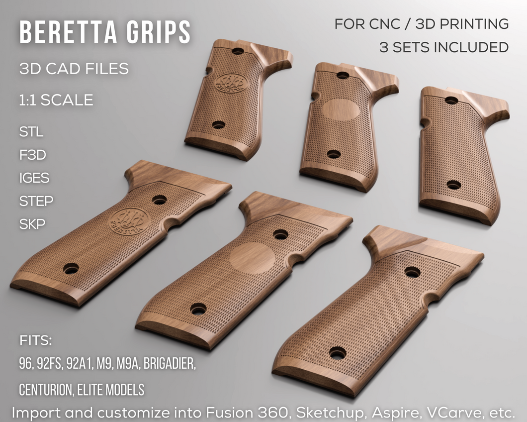 Beretta 92FS / 96 Grips 3D CAD Files Bundle | STL STEP SKP F3D IGES | 1:1 Scale | Instant Download | 3D Printing | CNC Woodworking