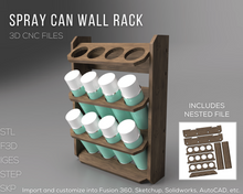 Charger l&#39;image dans la galerie, Spray Paint Can Wall Rack Organizer 2D and 3D CNC Files | DXF F3D STL STEP SKP IGES | Instant Download | 3D Printing | CNC Cut Files | Woodworking Plan
