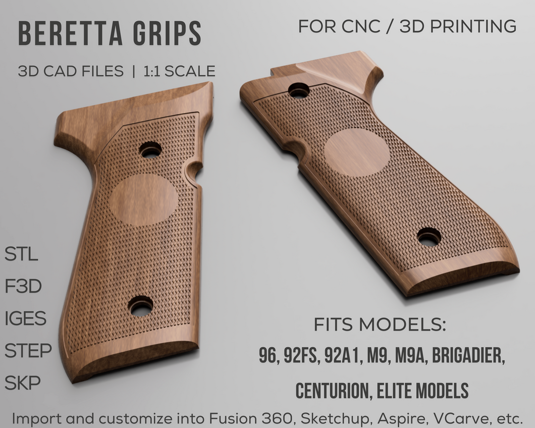 Beretta 92FS / 96 Grips 3D CAD Files | stl step skp f3d iges | 1:1 Scale | Instant Download | 3D Printing | CNC Woodworking