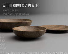 Load image into Gallery viewer, Wood Bowls and Plate 3D CAD Files | STL STEP F3D SKP IGES | Instant Download | Wooden Dishes | CNC Woodworking | 3D Printing
