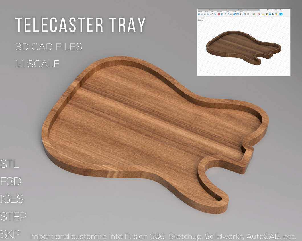 Telecaster Style Guitar Body Tray 3D CAD Files | 1:1 Scale | STL STEP F3D SKP | Instant Download | CNC Woodworking | 3D Printing