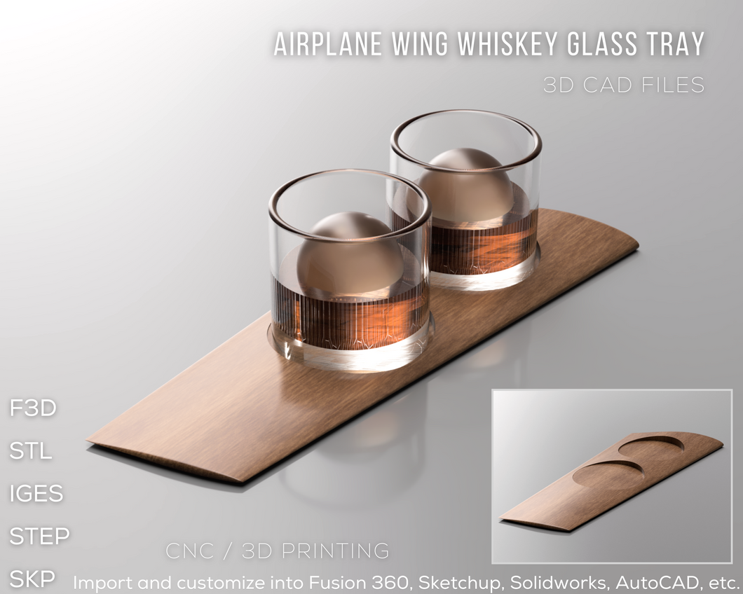Airplane Wing Whiskey Glass Coaster Tray 3D CAD Files | F3D STL STEP SKP IGES | Instant Download | 3D Printing | CNC Cut Files | Woodworking