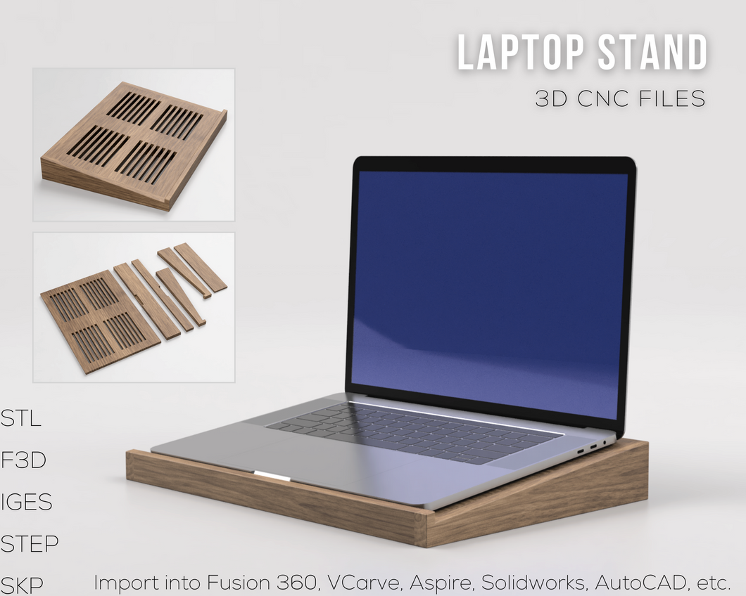 Wooden Laptop Stand 3D CNC Files | F3D STL STEP SKP IGES | 1:1 Scale | Instant Download | 3D Printing | CNC Cut Files | Woodworking Plan