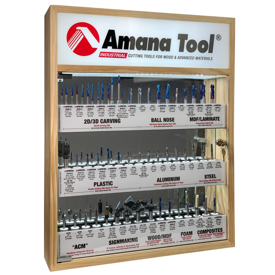 Amana Tool AMS-CNC-60 CNC Master Router Bit Collection Includes 57 SKUs and LED Illuminated Mirrored Interior and Solid Wood Display