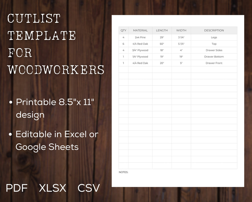 Simple Cutlist Template for Woodworkers | PDF XLSX CSV Files | Printable 8.5