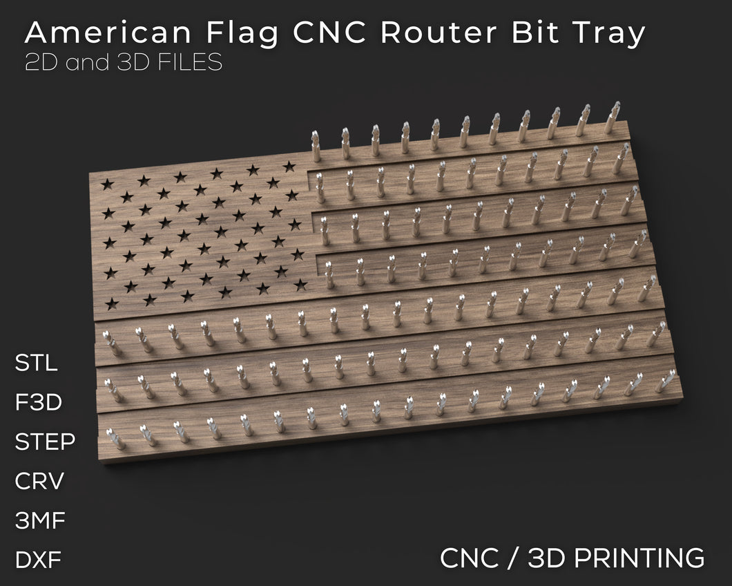 American Flag CNC Router Bit Tray Organizer | 3D CAD Files | 1:1 Scale | STL STEP SKP DXF 3MF F3D | Instant Download | For CNC / 3D Printing