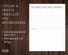 Load image into Gallery viewer, Cutlist Template with Sketch Grid for Woodworkers | PDF XLSX CSV Files | Printable 8.5&quot; x 11&quot; Design | Editable in Google Sheets and Excel
