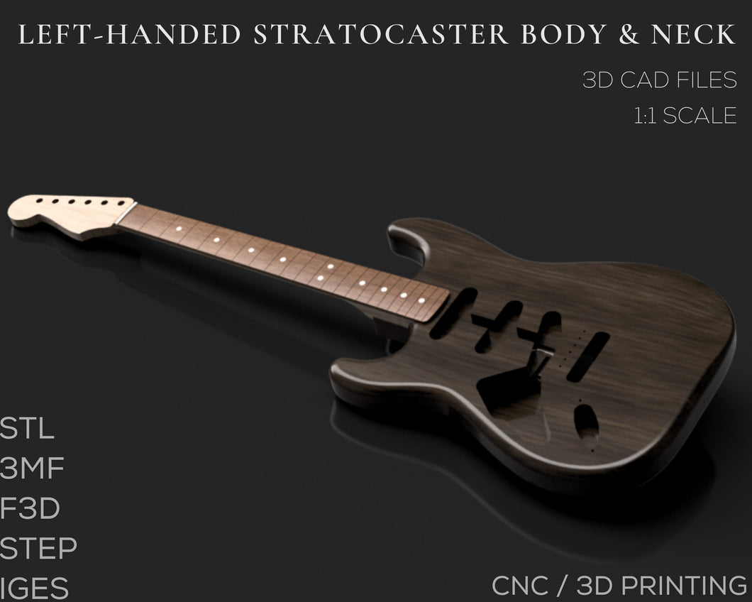 Left Handed Fender Stratocaster Guitar Body & Neck 3D CAD File Bundle | stl f3d step 3mf iges | Instant Download | CNC Files | 3D Printing