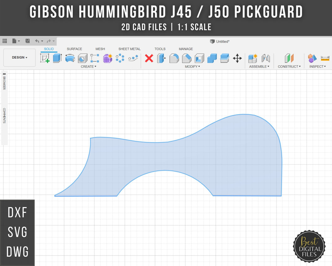 Gibson Hummingbird J45 J50 Florentine Cutaway Acoustic Guitar Pickguard | 2D CAD Files | 1:1 Scale | DXF DWG SVG | Instant Download | For CNC / 3D Printing