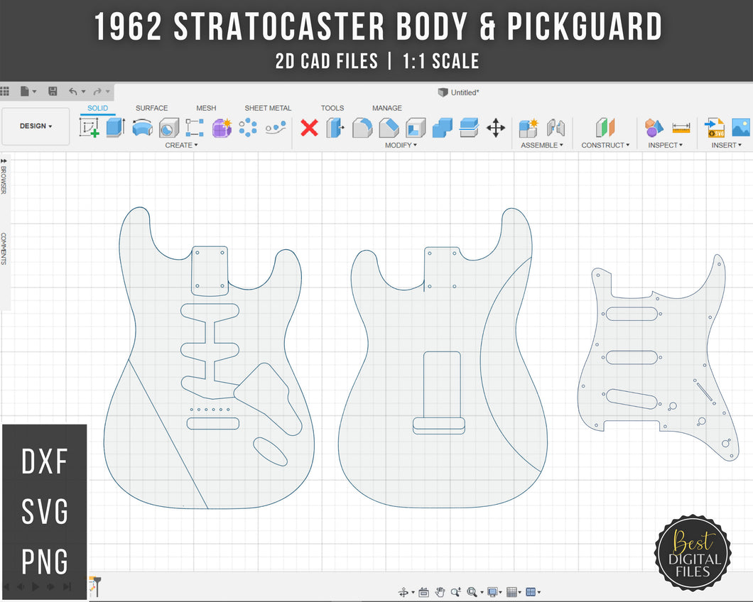 1962 Stratocaster Body & Pickguard | 2D CAD Files | 1:1 Scale | DXF DWG SVG PNG AI | Instant Download | For CNC / 3D Printing
